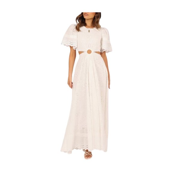 Cottage Core Amable White Eyelet Midi Dress With Puff Sleeves & Cut-Out Detail - Picture 1 of 11